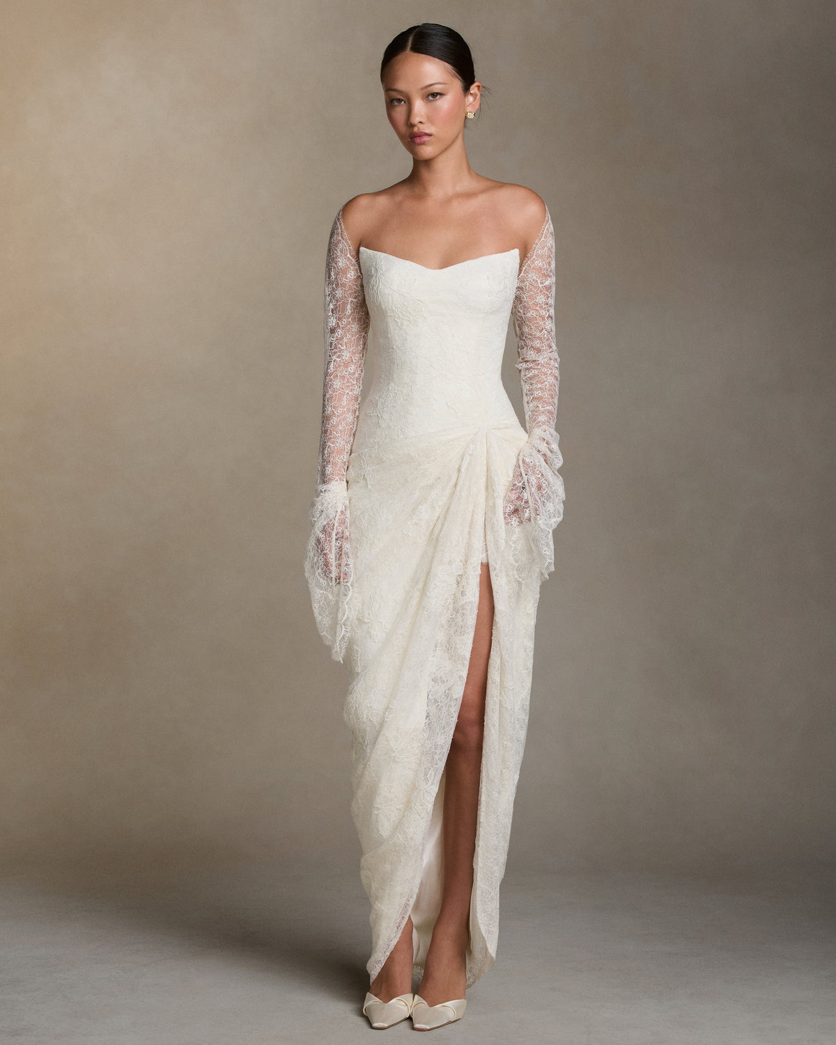 Elderflower lace reverse bolero top with long sleeves and handkerchief hems