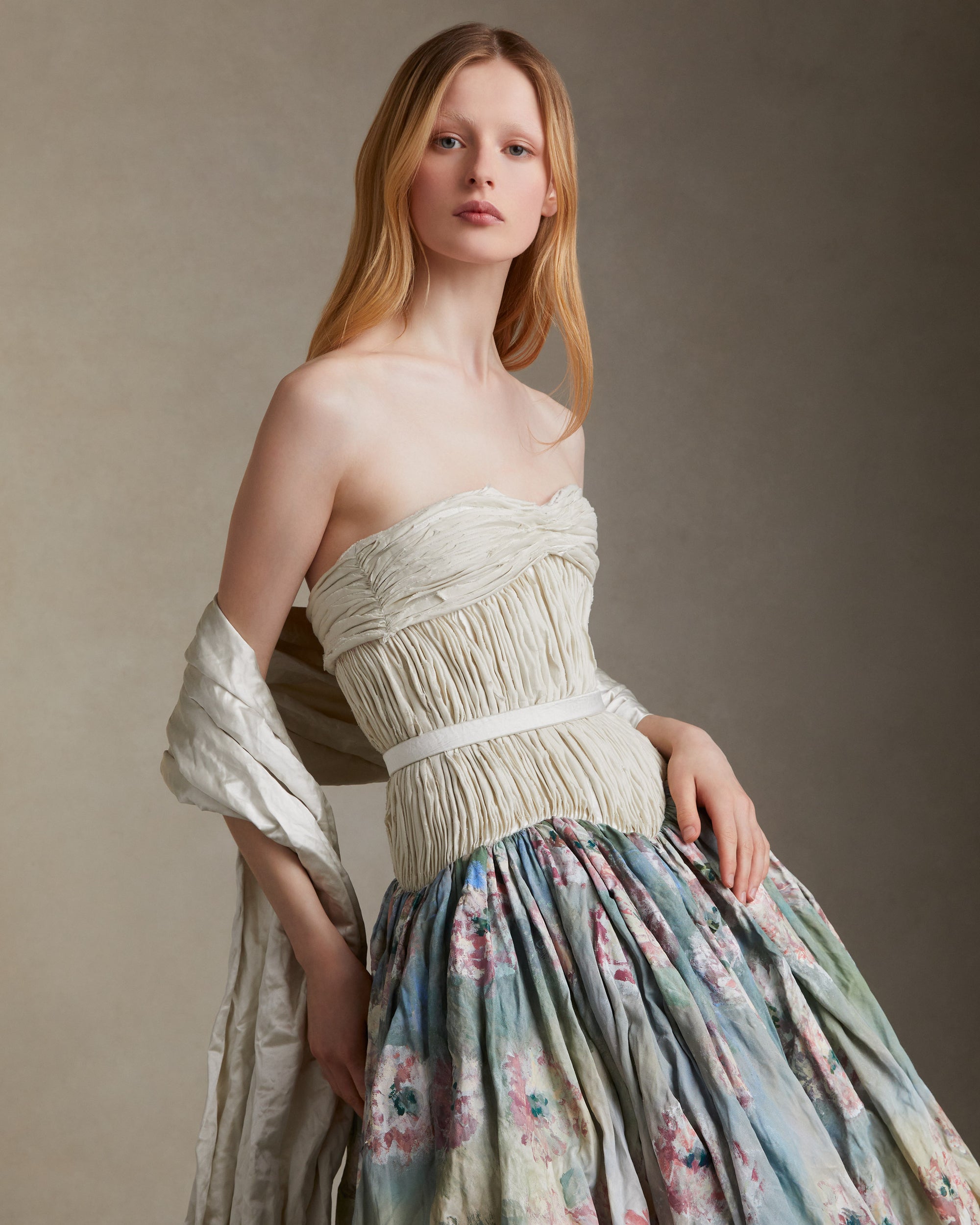 Silk metal stole with hand painted florals that softly degrade from end to end.Styled with Maeve gown