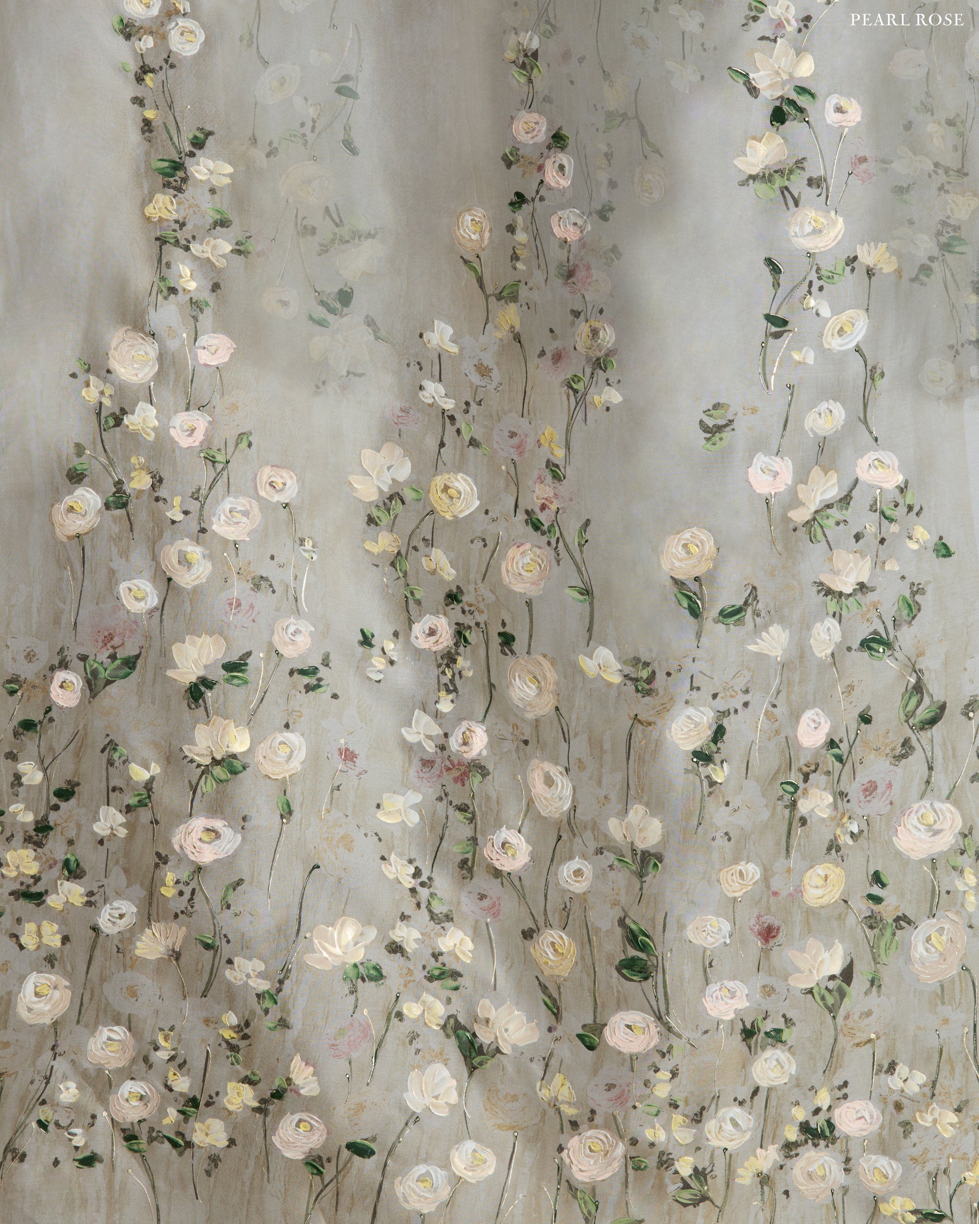 Strapless double layered silk organza gown with bubbled hem train. Printed watercolor effect and hand painted florals degrade softly up the body. Invisible zip closure at center back.