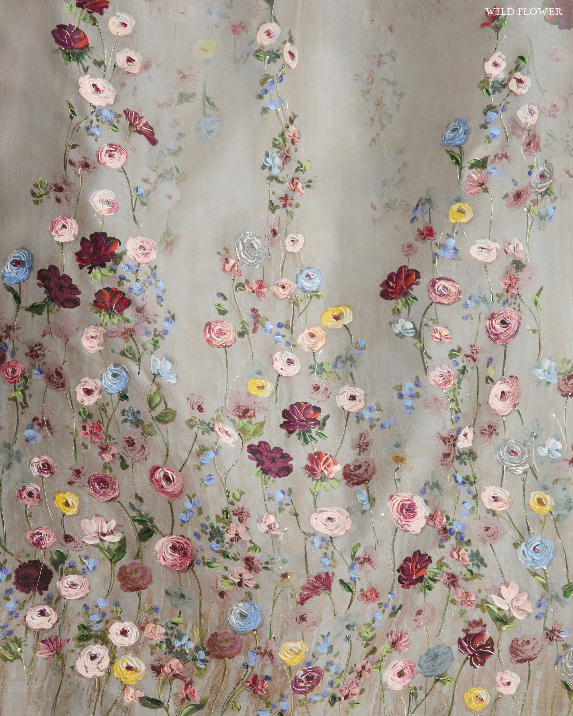 Strapless double layered silk organza gown with bubbled hem train. Printed watercolor effect and hand painted florals degrade softly up the body. Invisible zip closure at center back.