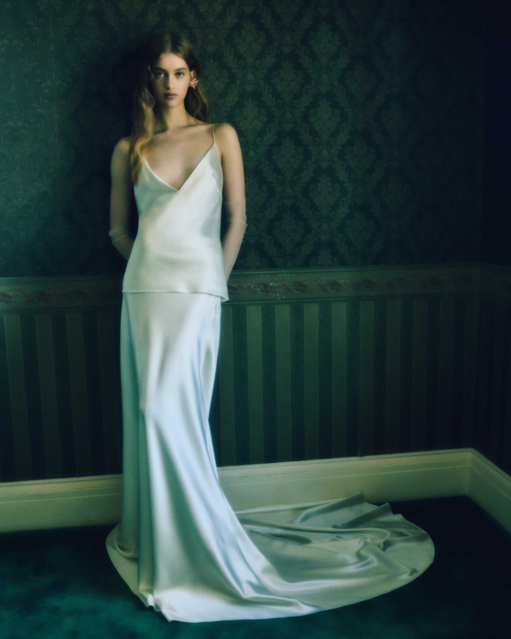Bias cut silk wool camisole top with spaghetti straps and low back. Slip on styling.Styled with Dree skirt