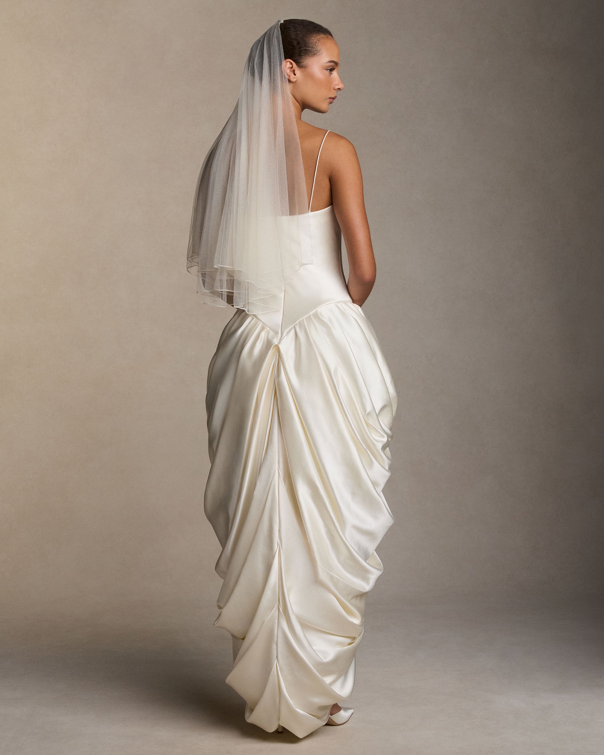 Soft tulle veil with pencil edge detail, length is 29" with 26" blusher 