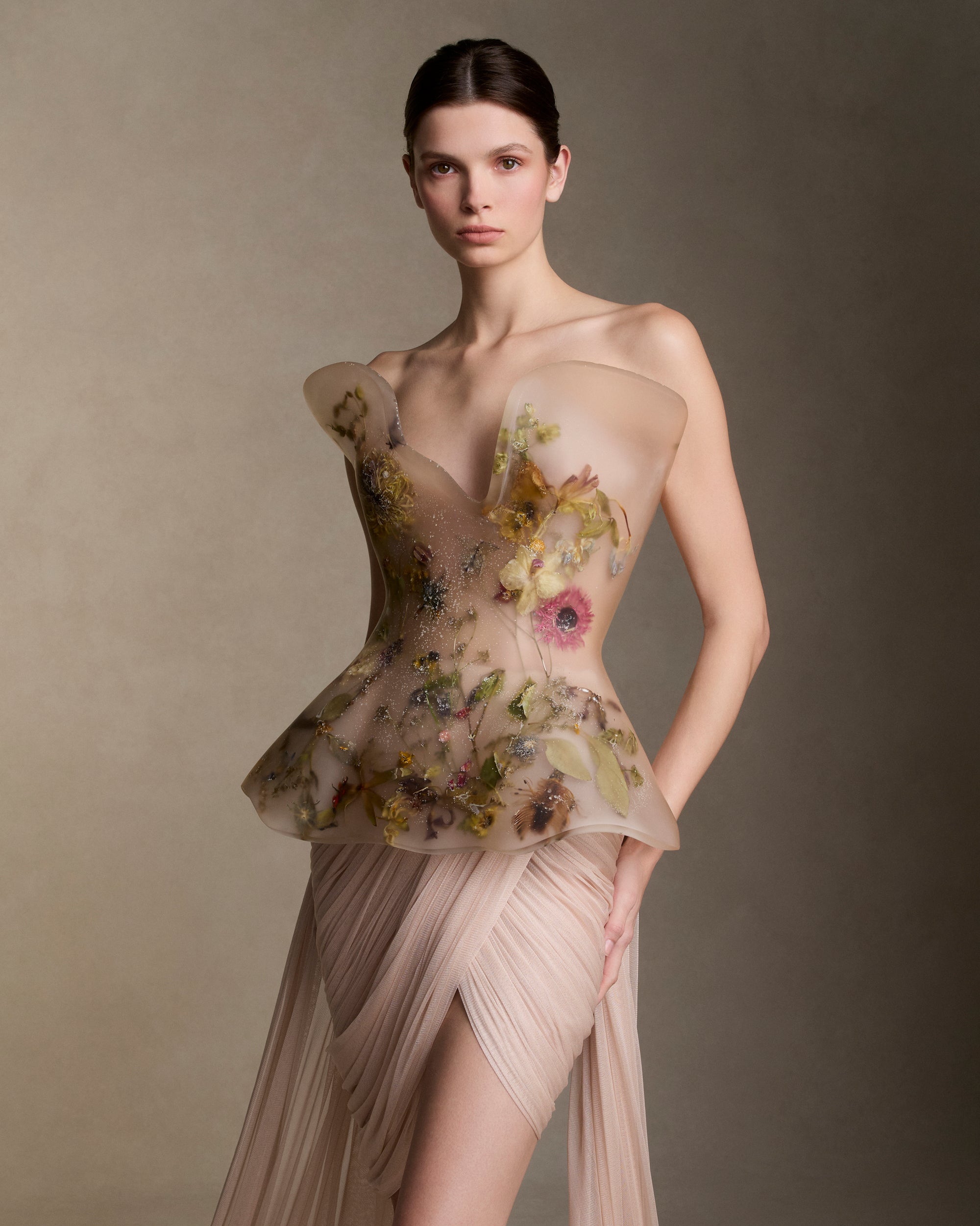 Sculpted resin bodice infused with hand placed real flowers, in collaboration with Marcin Rusak studio