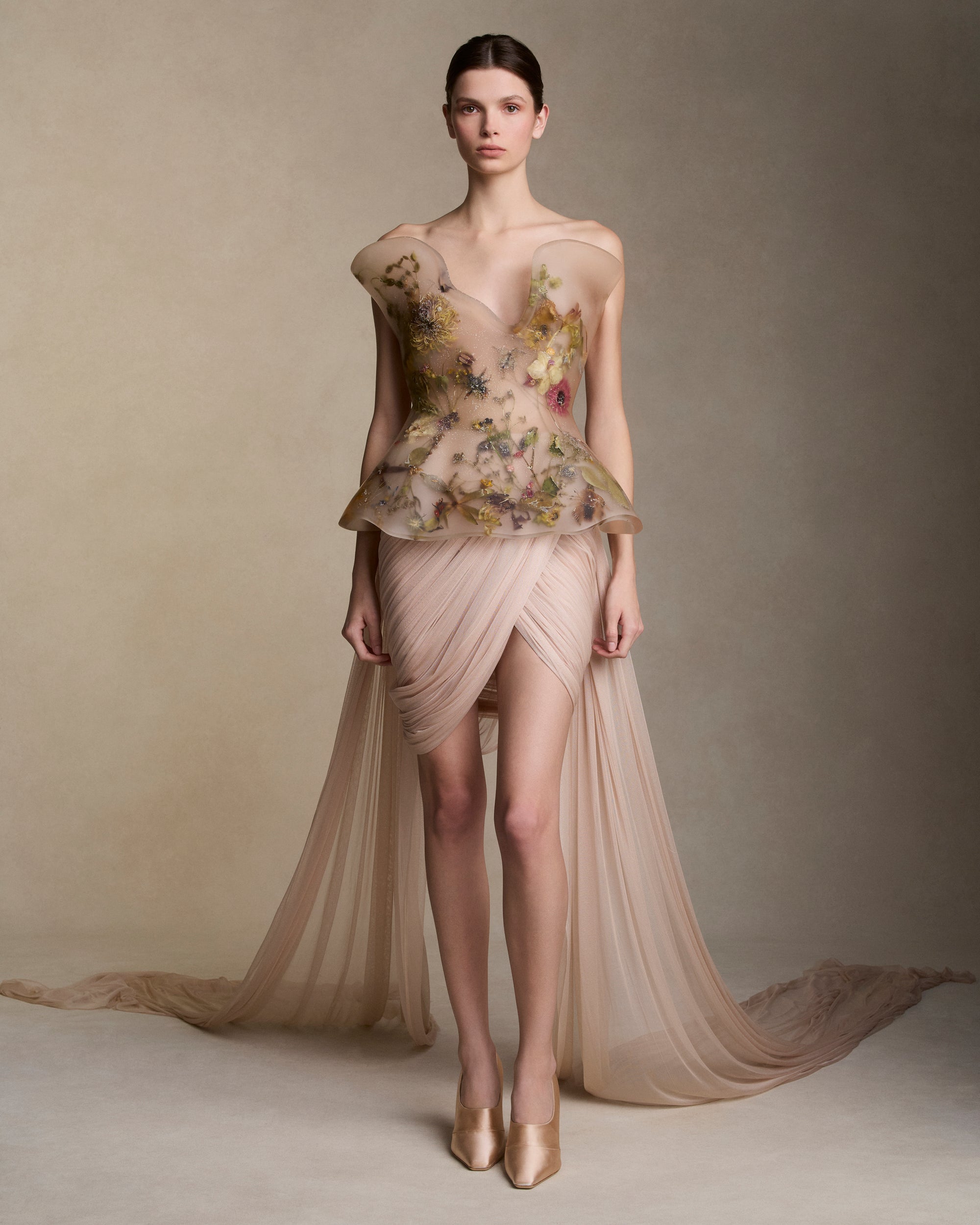 Sculpted resin bodice infused with hand placed real flowers, in collaboration with Marcin Rusak studio