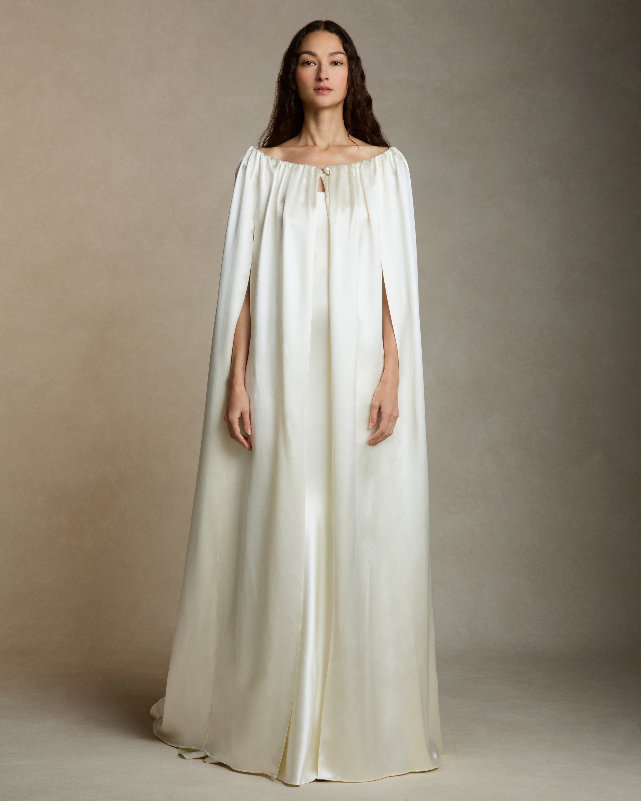 Orchidee and Soleil-Print Silk Dress with Cape
