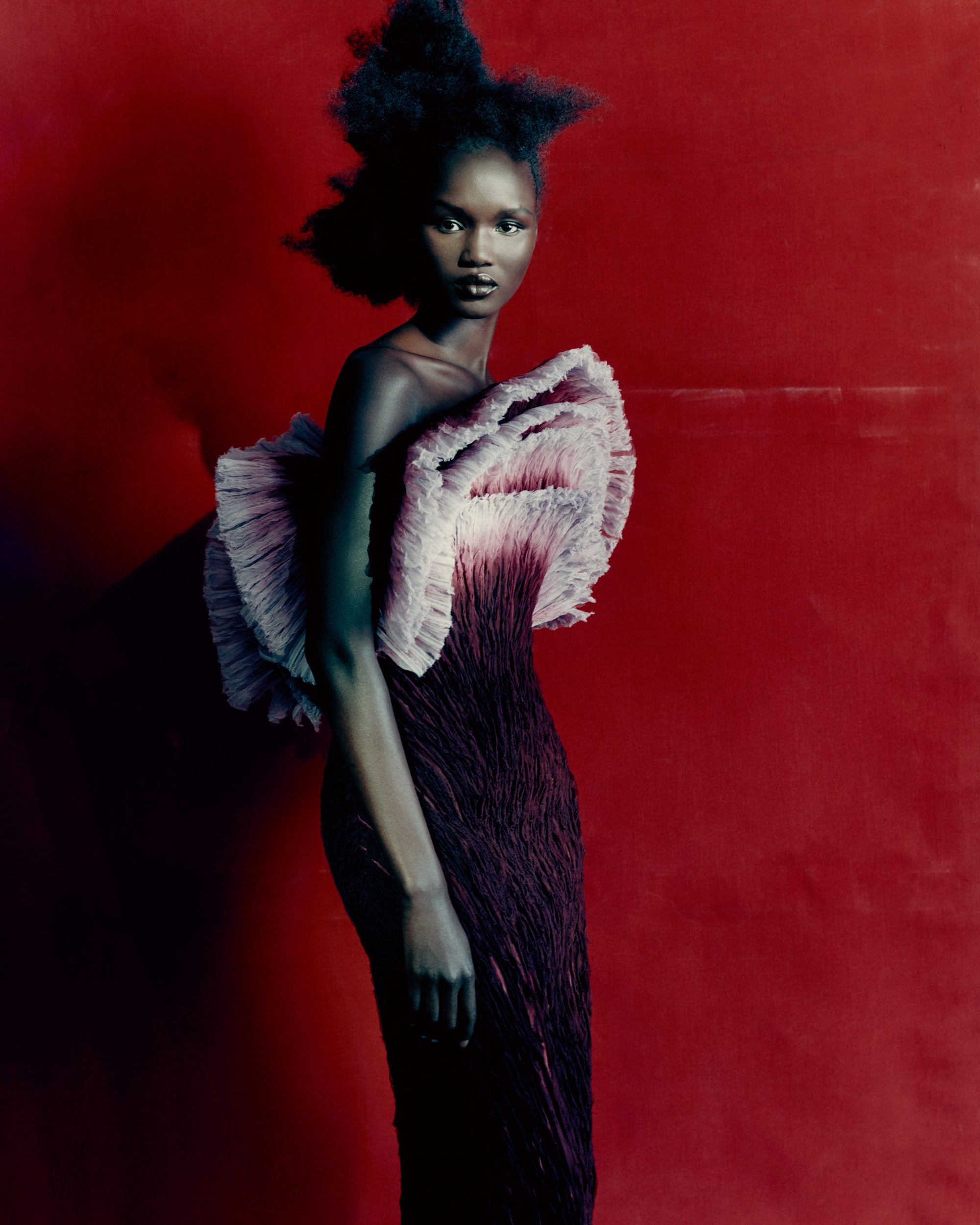 Sculptural column gown with exaggerated flared neckline. Layered fans of stripped crinkle organza embroidery radiate from the waist, dip dyed in an ombré of lilac to oxblood. Boned internal double zip bustier with internal grosgrain belt. 