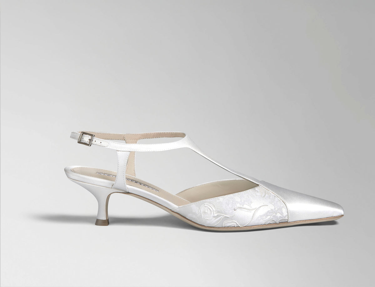 Ivory satin T-strap pump with square toe and pigment printed and hand painted detail. 50 mm kitten heel. Hand crafted in Italy.