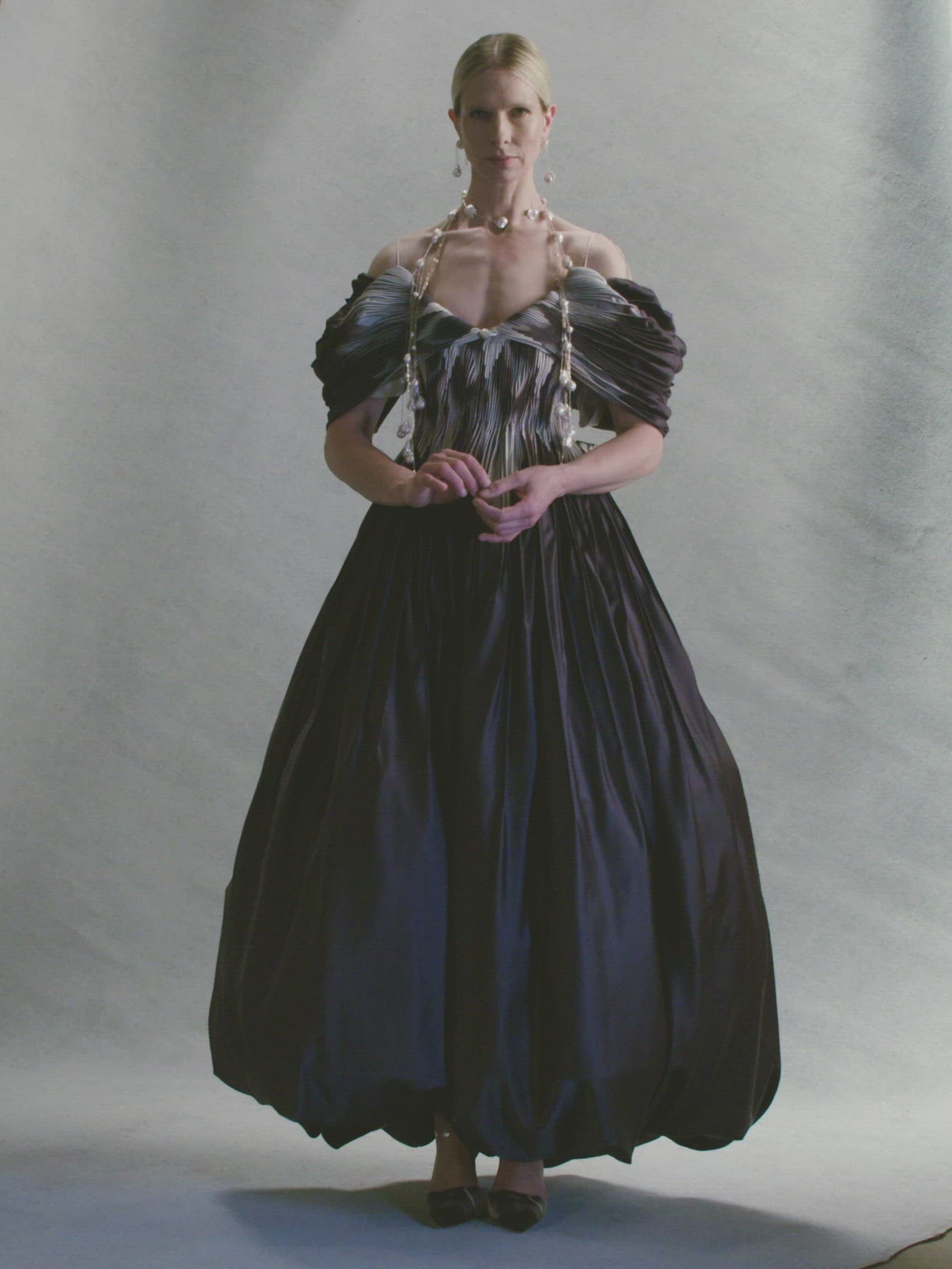 Tucked Silk Taffeta gown with draped sleeve detailPrinted version in Satin Twill