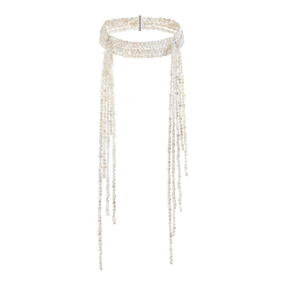 Hand knotted baroque pearls cascade from a 5 strand pearl choker secured with a silver slide lock closure at back
