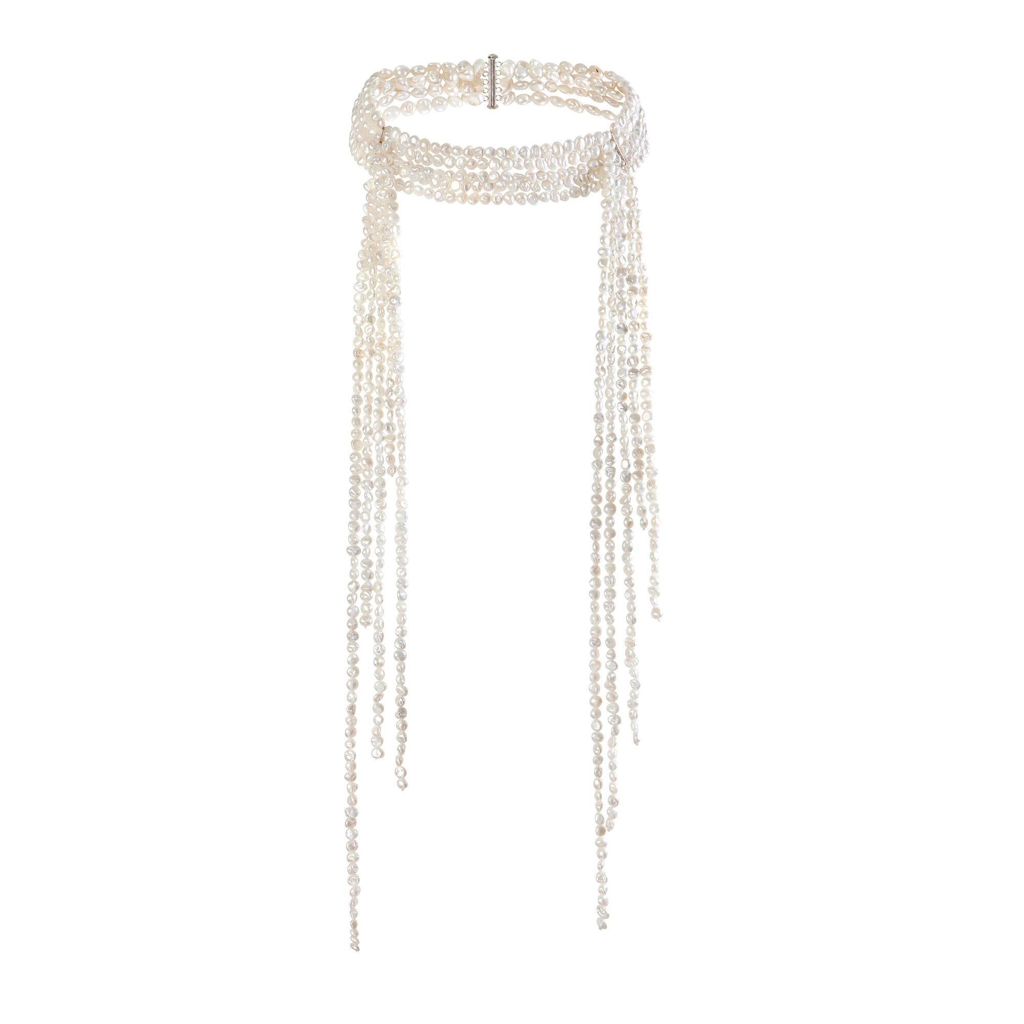 Hand knotted baroque pearls cascade from a 5 strand pearl choker secured with a silver slide lock closure at back
