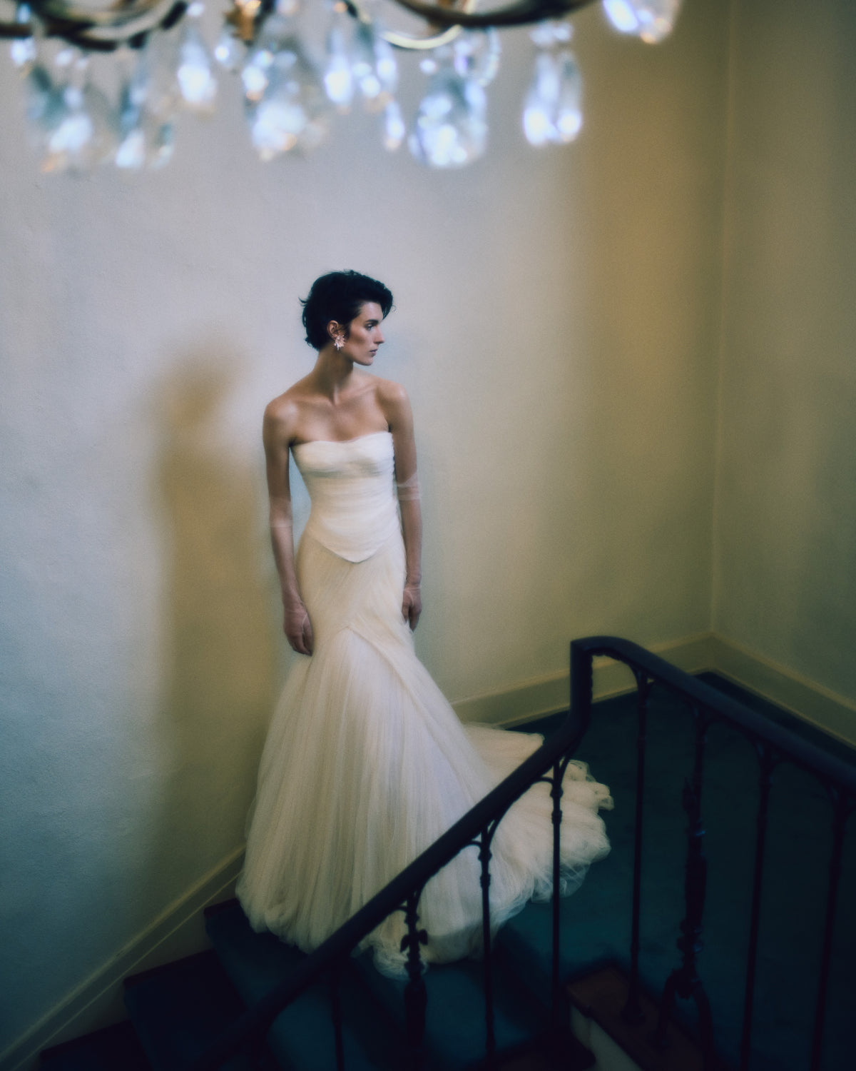 Sunburst pleated and draped soft tulle skirt with bubbled hem. Center back zip.Styled with Milo bustier