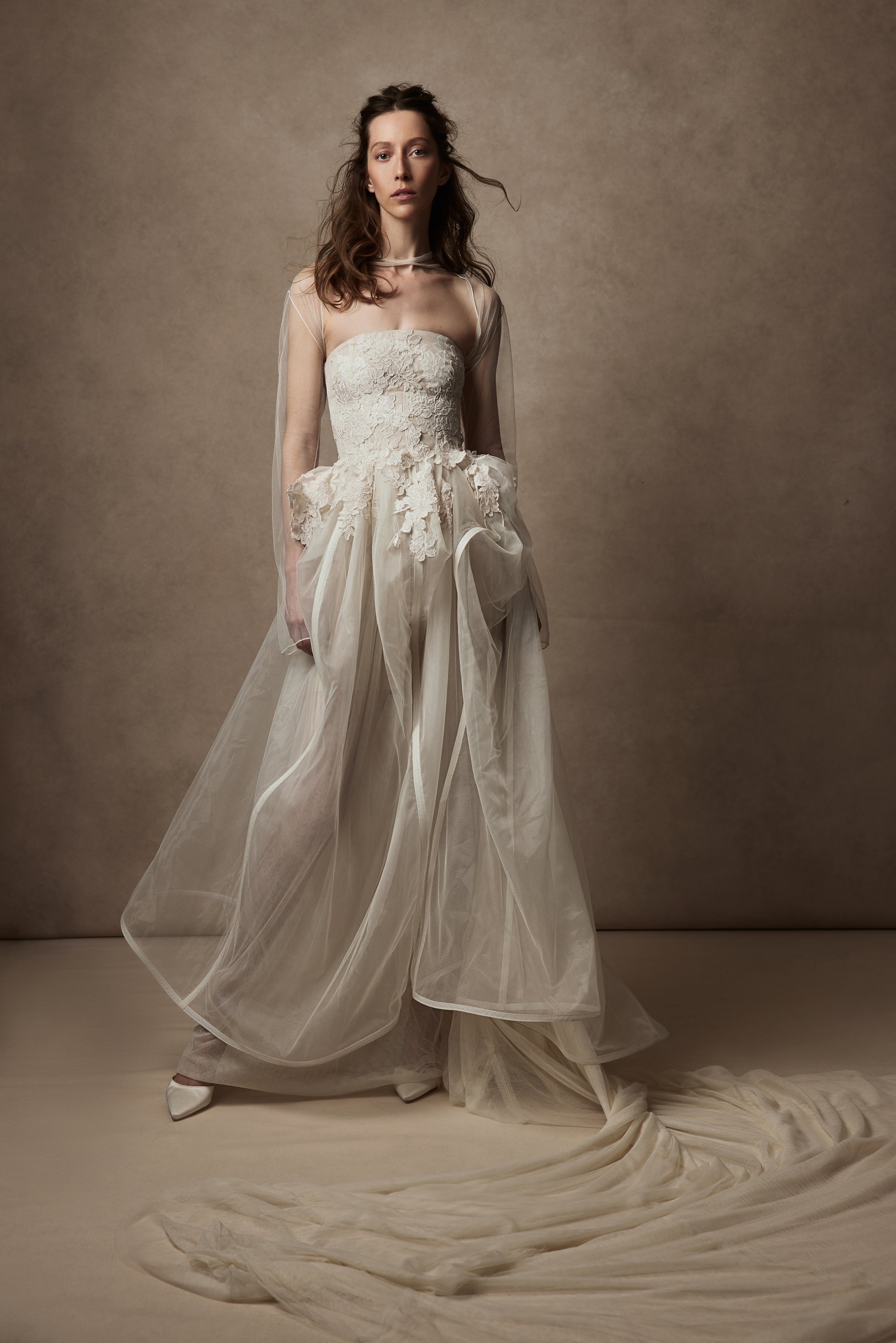 Strapless Tulle and Air Organza gown with Chantilly and corded lace appliqué.﻿