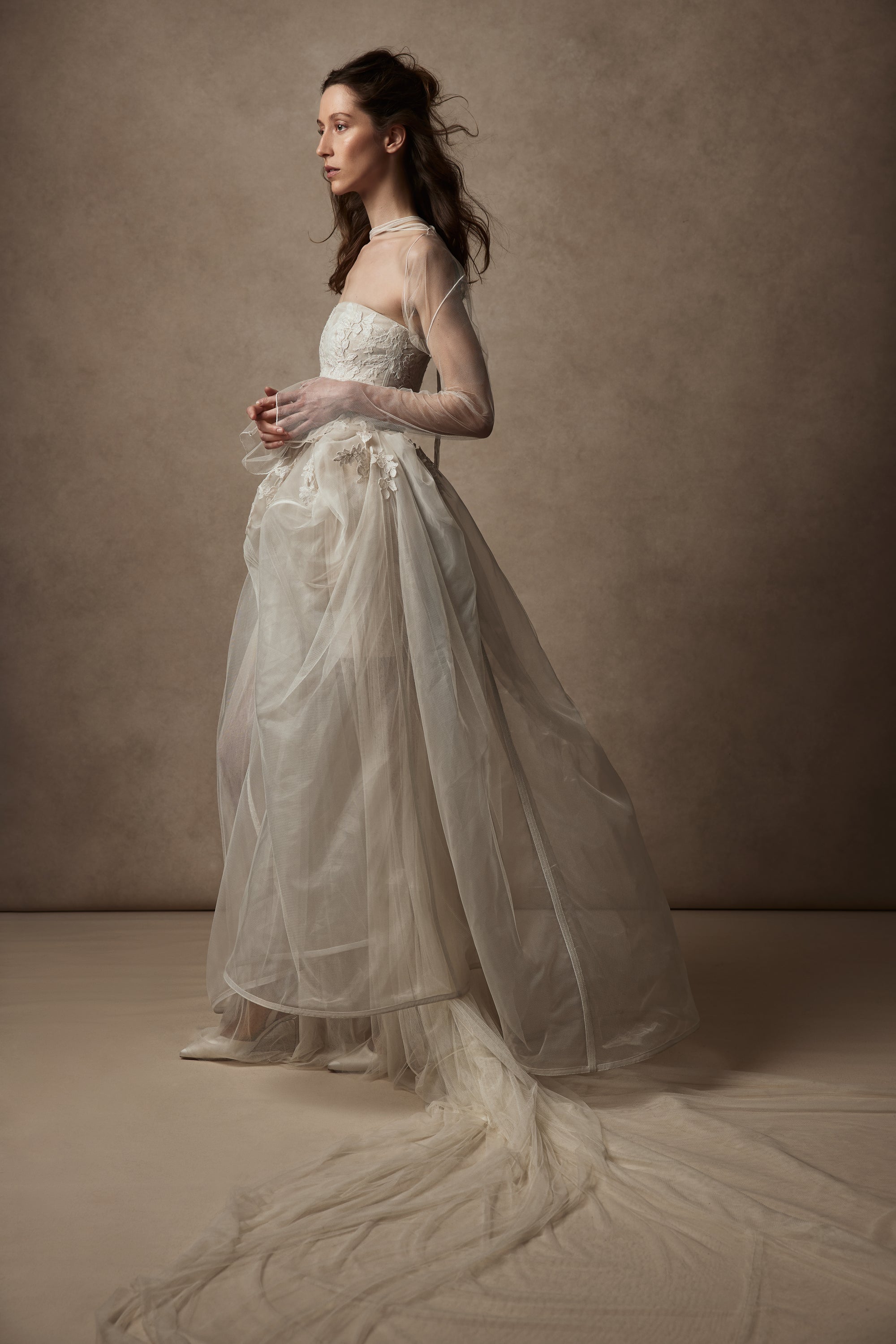 Strapless Tulle and Air Organza gown with Chantilly and corded lace appliqué.﻿