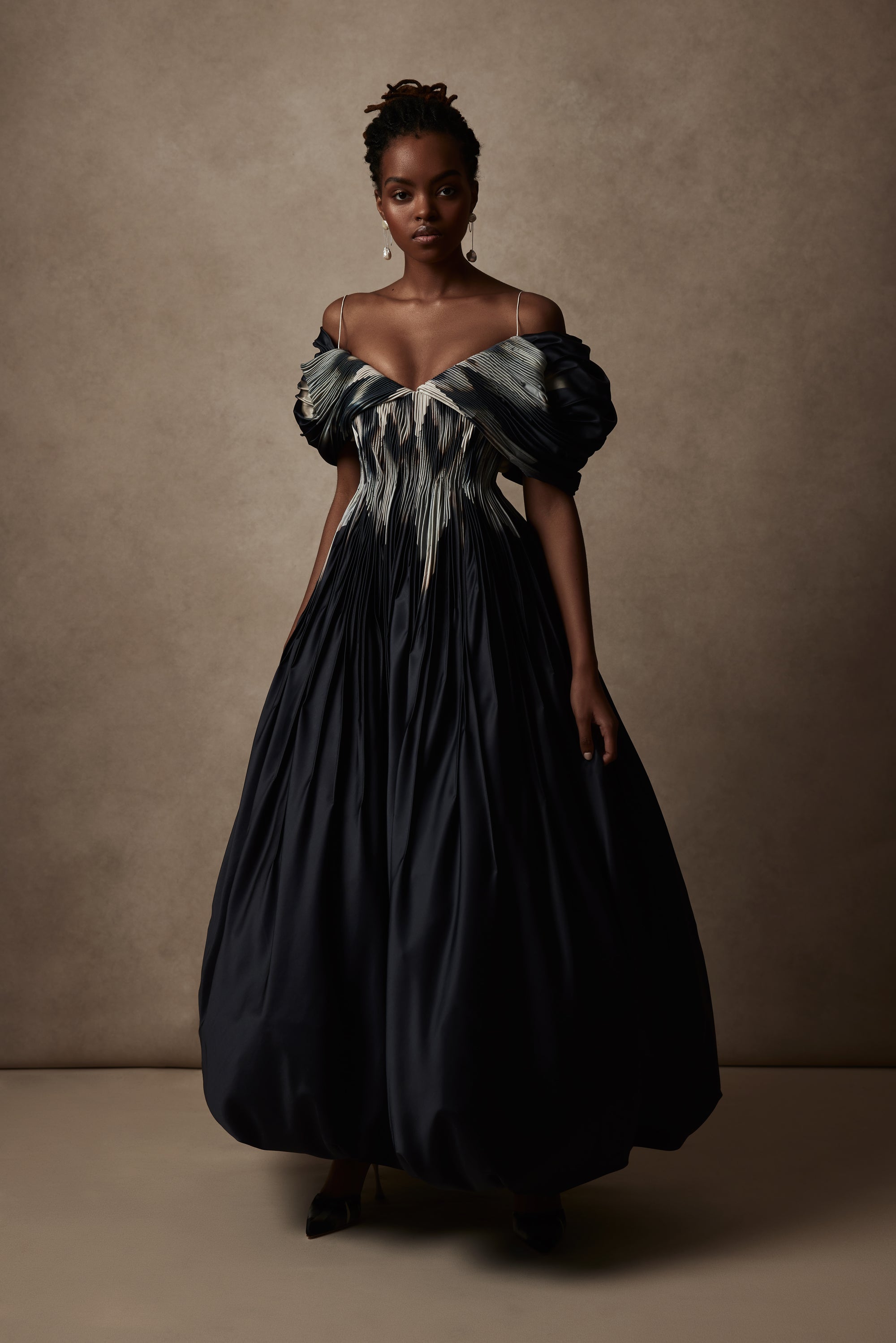 Tucked Silk Taffeta gown with draped sleeve detailPrinted version in Satin Twill