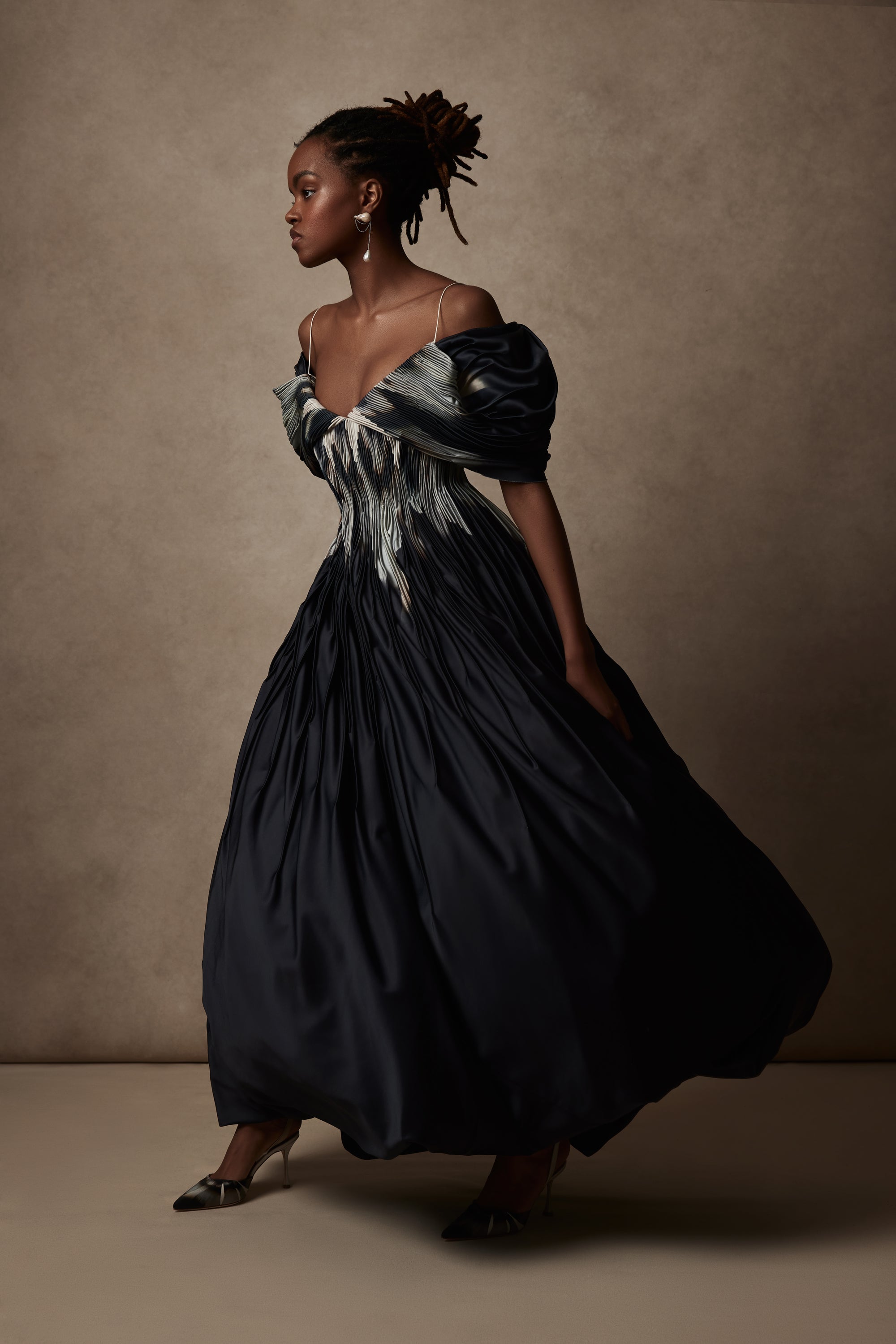 Tucked Silk Taffeta gown with draped sleeve detailPrinted version in Satin Twill