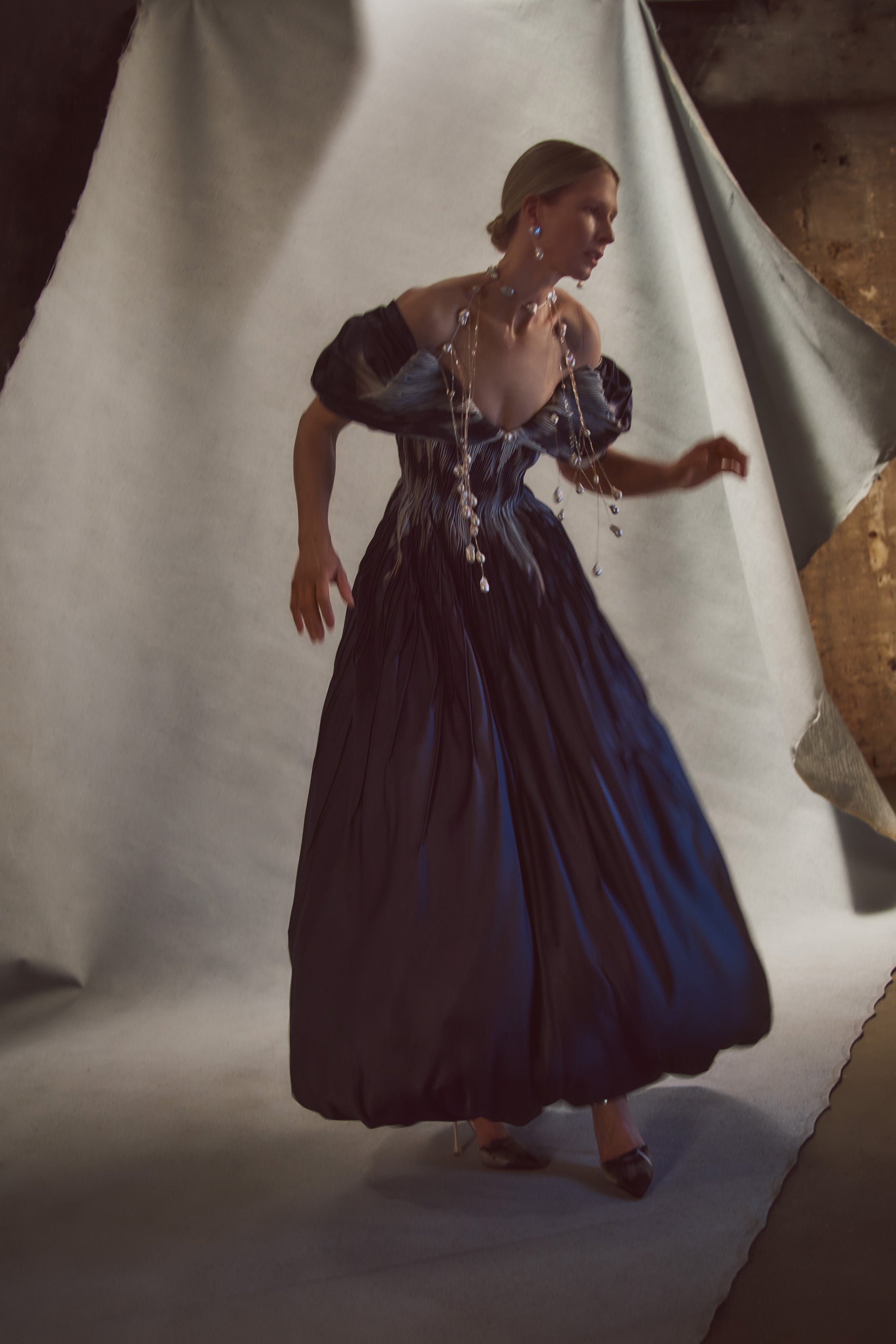 Tucked Silk Taffeta gown with draped sleeve detailPrinted version in Satin Twill