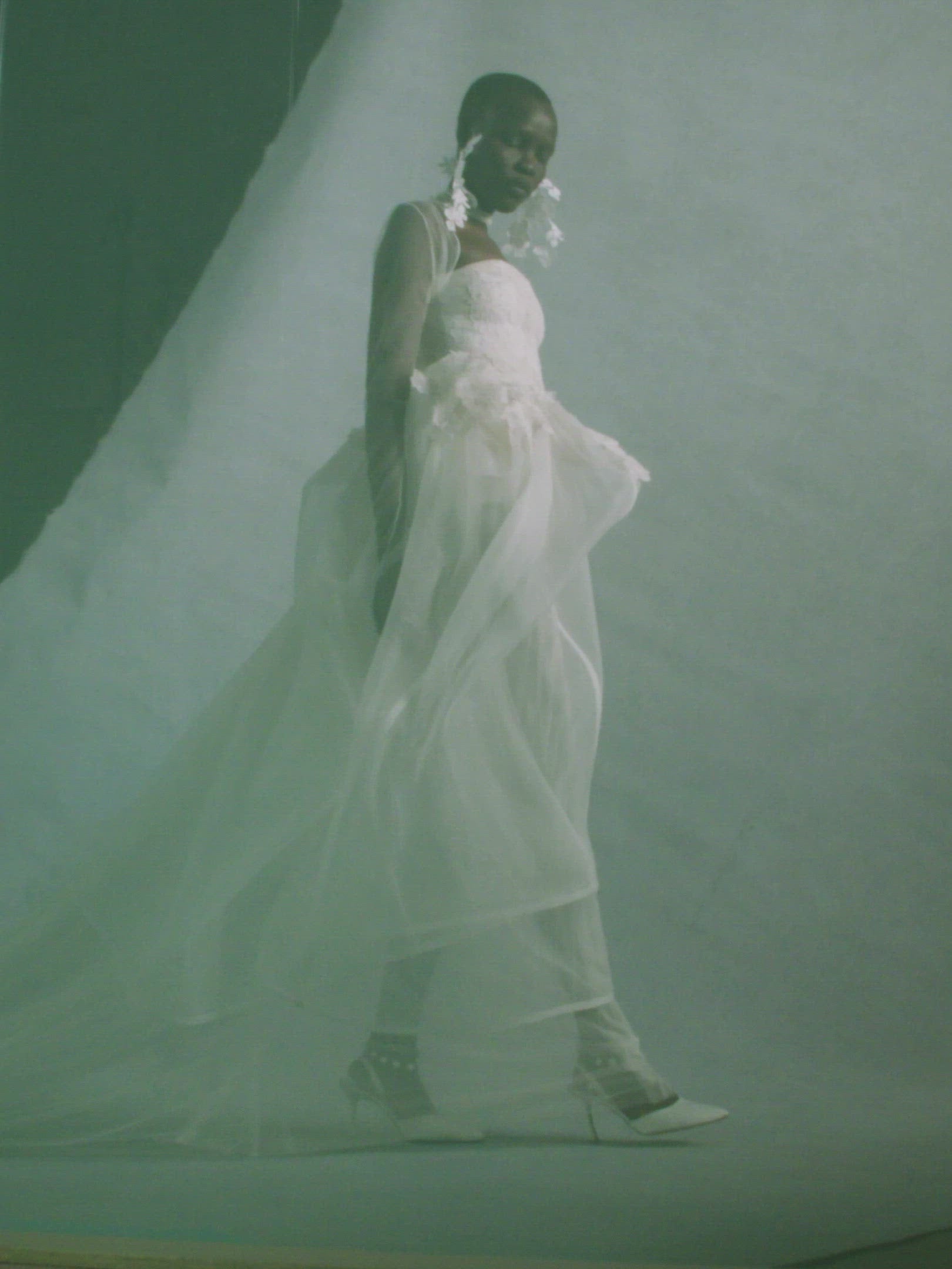 Strapless Tulle and Air Organza gown with Chantilly and corded lace appliqué.﻿