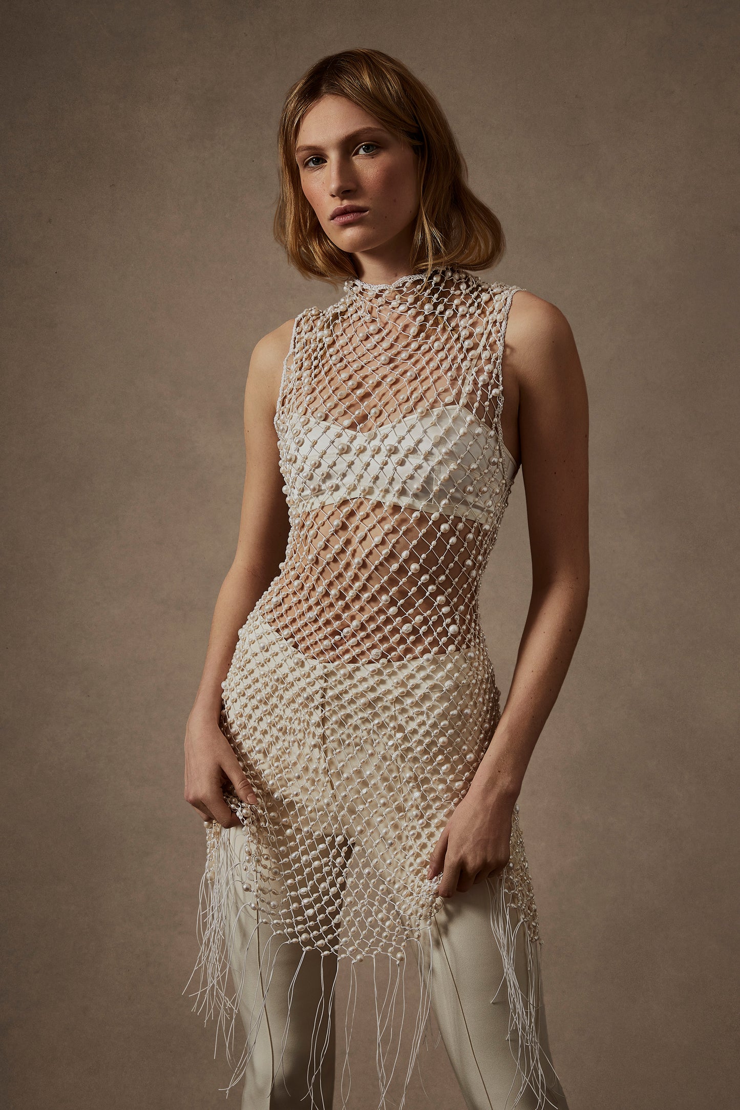 Baroque Pearl Crochet Mini Dress